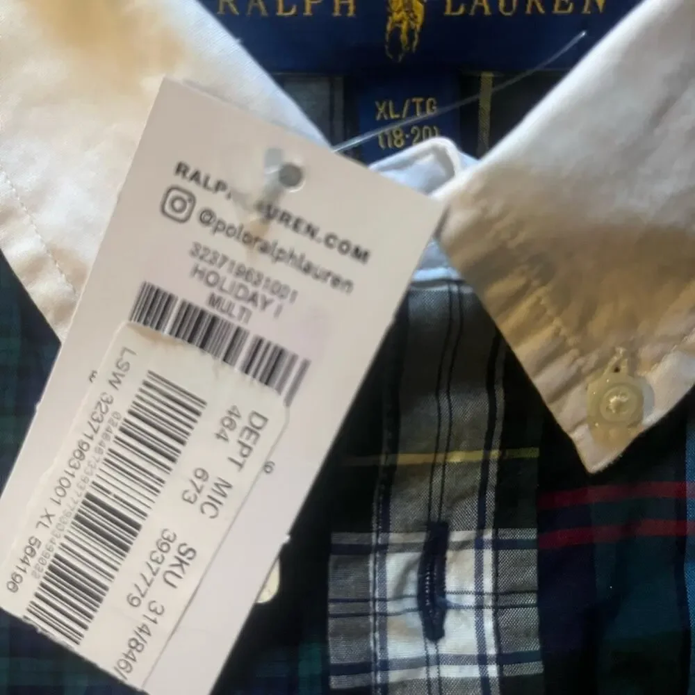 Ralph Lauren Mixed Plaid Holiday Multi Button Front Shirt XL NWT Preppy Office